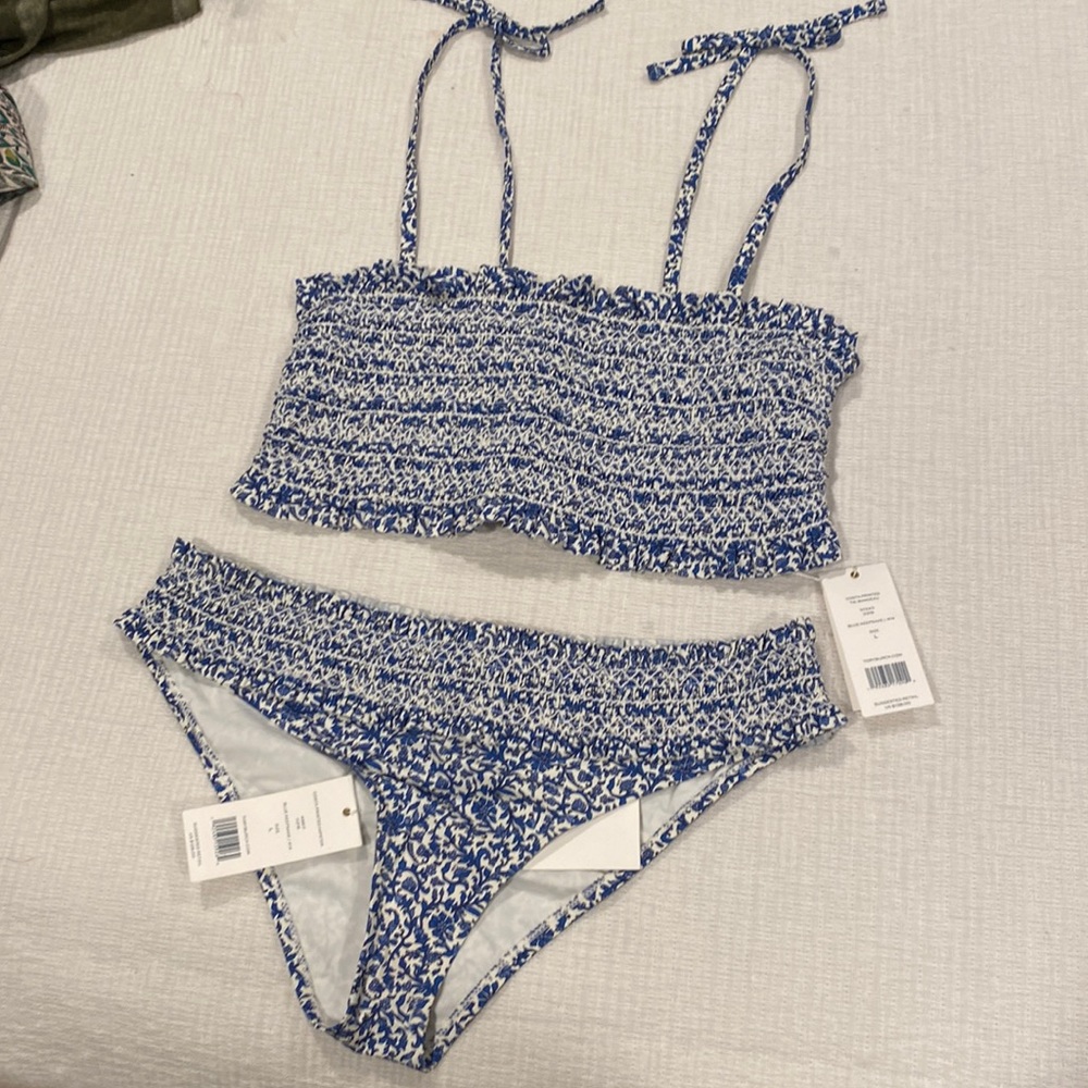Tory Burch bikini. Never worn. Smocked top. Blue and white size L